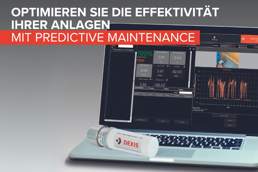 Man sieht ein Laptop mit Datengrafiken und Statistiken. Er zeigt, wie sich die Effektivität Ihrer Anlagen mit Predictive Maintenance optimieren lässt. Ein Zylinder mit der Aufschrift „DEXIS“ ist die Komponente mit der die Daten gemessen werden.